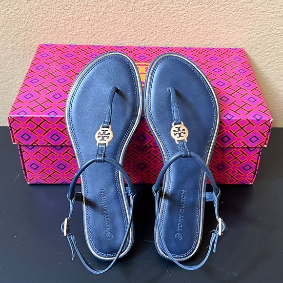 Tory Burch Emmy Flat Sandal Calf Leather Perfect Navy Size
